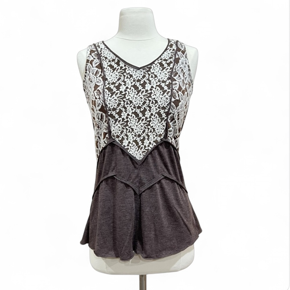 Mystree Brown Sleeveless Top with Ivory Lace Size Small - Picture 3 of 16